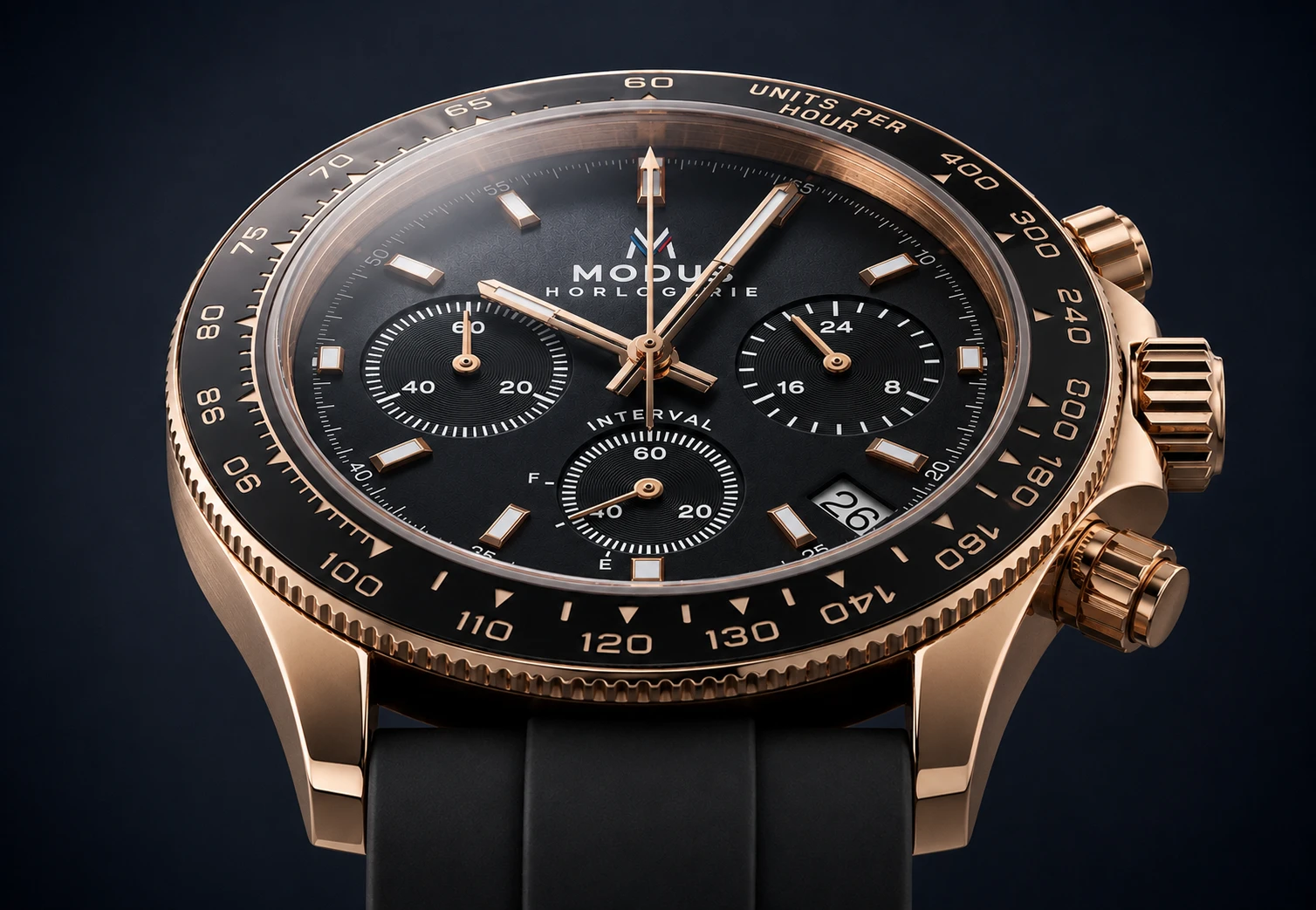 Dial detail of a Modus Horlogerie Interval watch