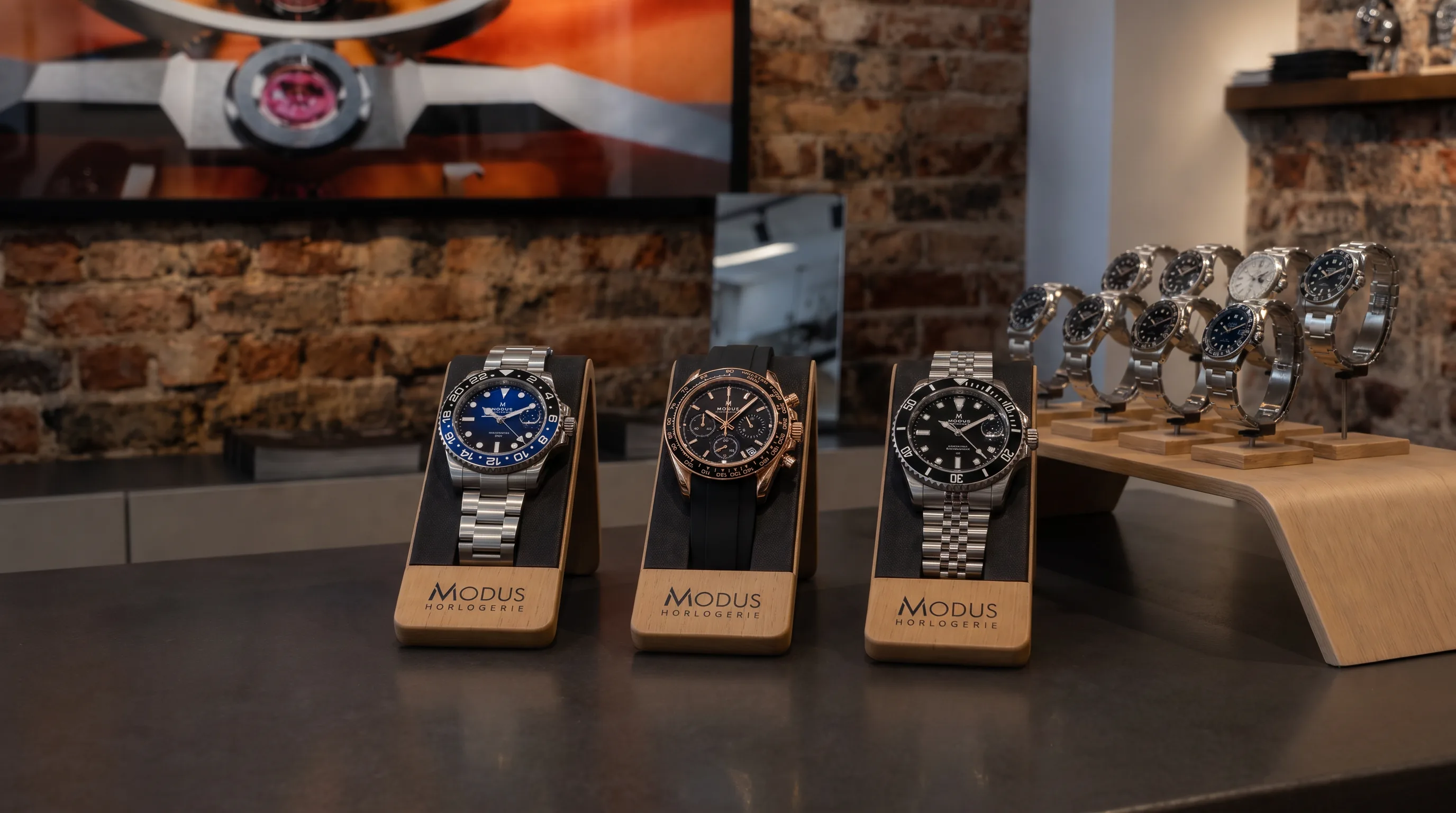 Modus watches displayed on their oak stands
