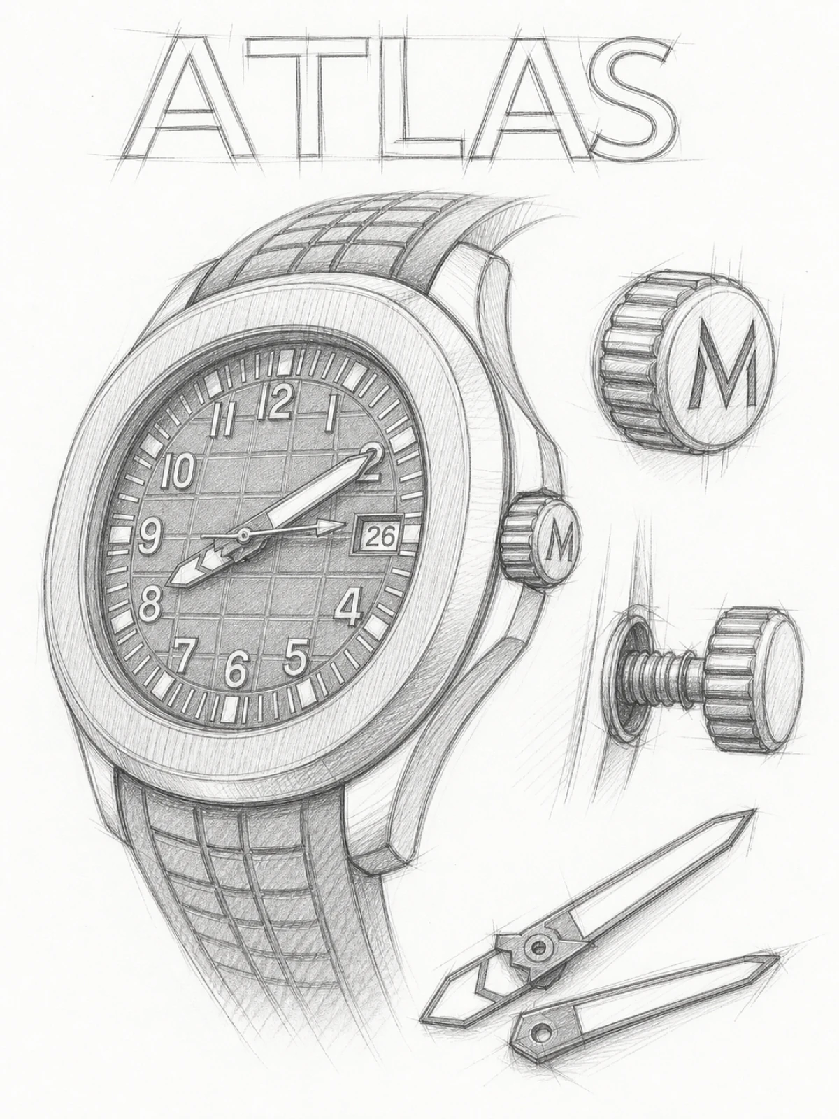 ATLAS Aqua Orange · Automatic · Black dial, rubber strap sketch