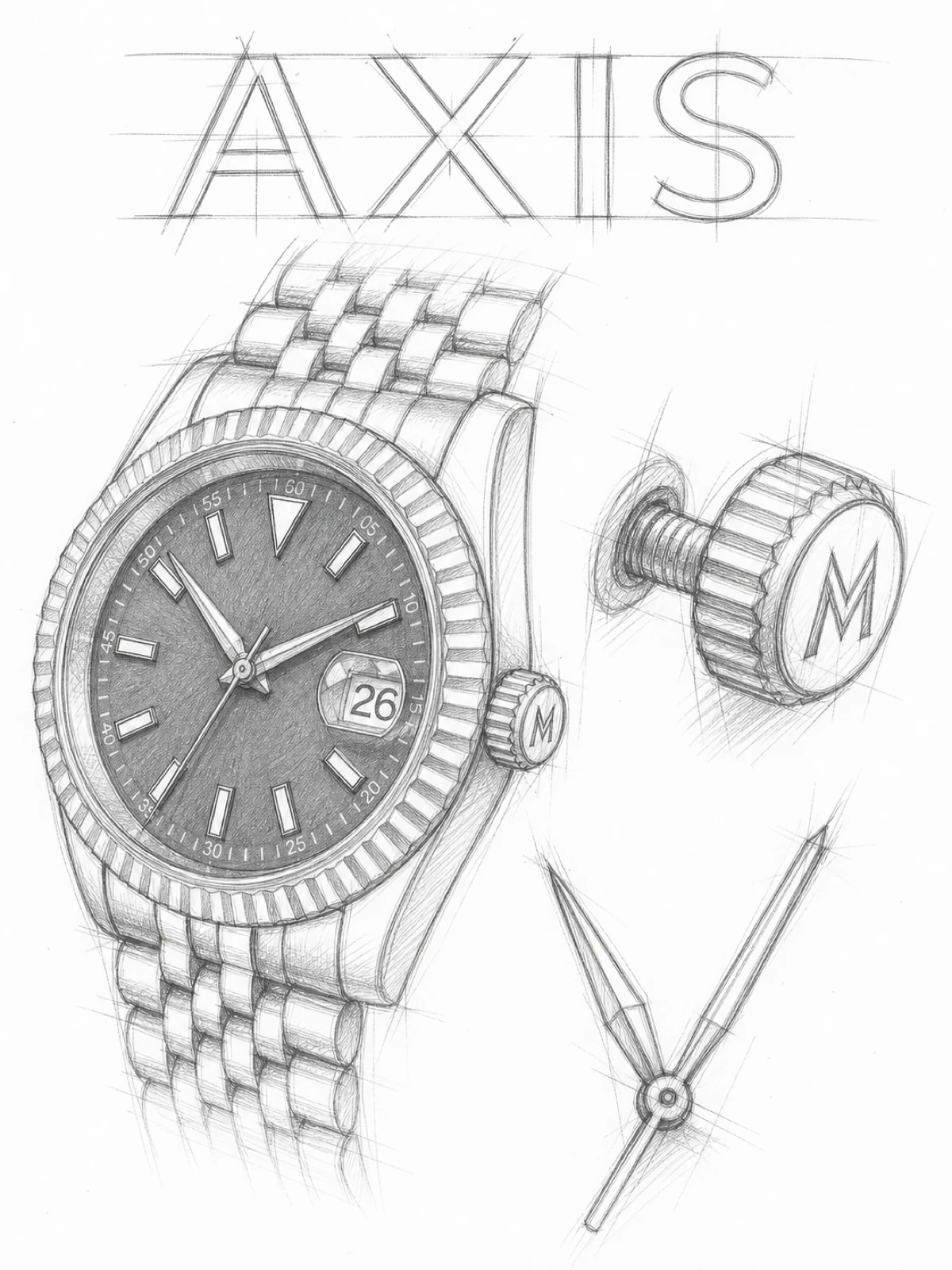 AXIS Day & Date Olive · Automatic · Day and date, fluted bezel sketch