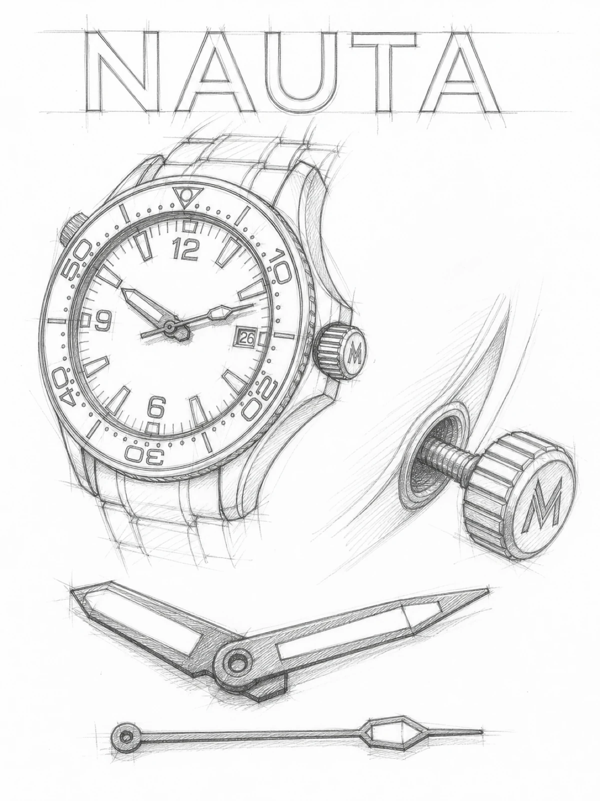 NAUTA Commander Black · Automatic · Milanese mesh bracelet sketch